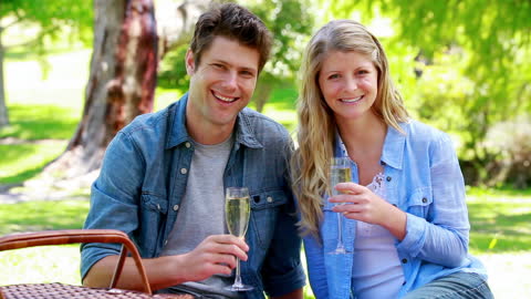 Smiling Couple Enjoying Champagne Picnic in Park