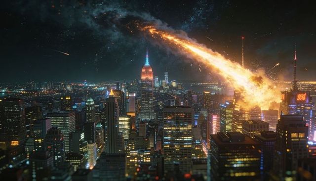 Fiery meteor plunging over new york city skyline, fireball striking downtown nightscape