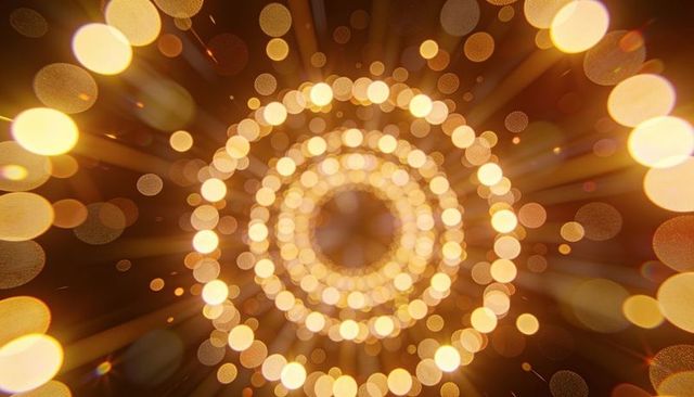 Glowing concentric bokeh rings forming golden light tunnel with radial lens flares