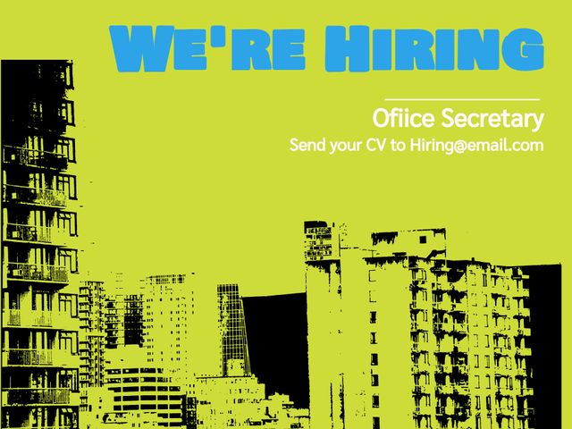 This vibrant recruitment poster is suitable for attracting potential candidates for an office secretary role. The bold 'We're Hiring' text stands out against the urban cityscape backdrop, making the message clear and attention-grabbing. Use this poster in online job boards, social media platforms, company websites, or physical office spaces to attract a wide range of applicants.