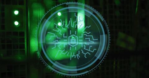 Projecting Holographic Cybersecurity HUD Protecting Server Rack with Neon Green Padlock