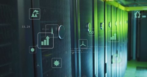 Data Processing Icons Overlay on Modern Server Room - Download Free Stock Images Pikwizard.com