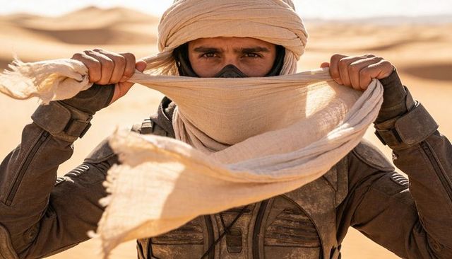 Desert traveler pulling sand scarf across face wearing respirator and rugged gear in sunlit dunes
