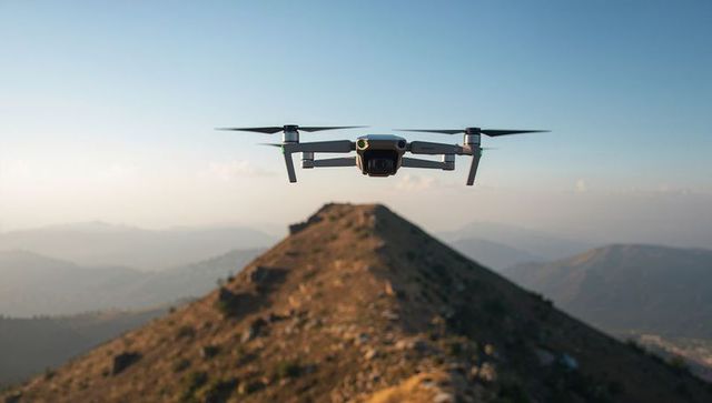 Hovering quadcopter capturing aerial survey over narrow rocky ridge during golden hour