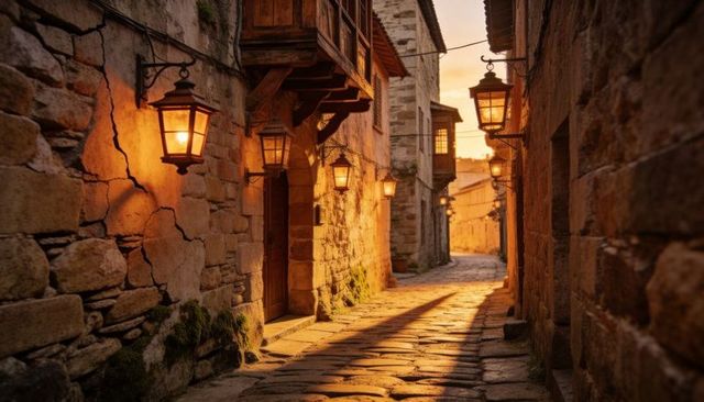Glowing historic stone alley leading along cobblestone path with lanterns and balconies