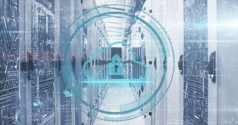 Cloud security icon overlaying data center with server racks