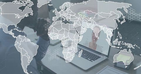 Global virtual team collaborating over laptop with world map overlay and remote presenter