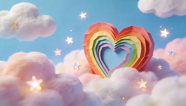Layered rainbow paper heart nestling in pastel cotton clouds with glowing stars