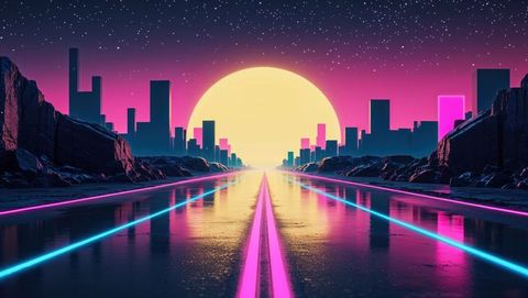 Futuristic Neon Highway at Sunset with Starry Sky