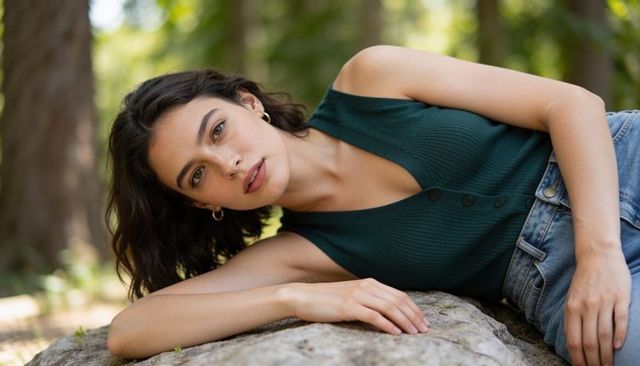 Sunlit woman reclining on forest rock wearing green knit top and denim, gold hoop earrings