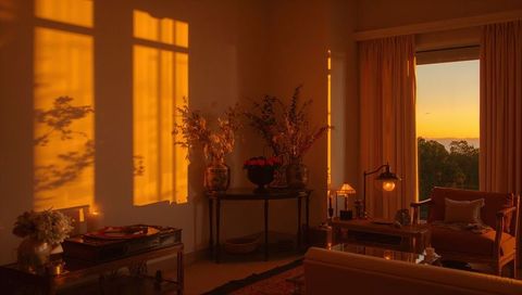 Golden sunset casting window shadows on console table with floral bowl and dried branches
