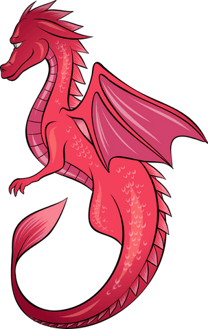 Red cartoon dragon soaring with pink wings on transparent background