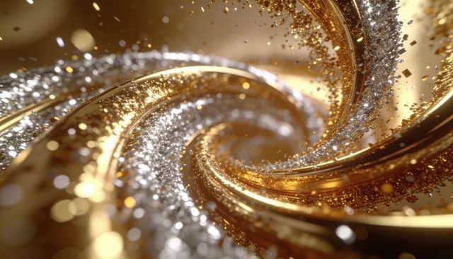 Gold and silver glitter spiral swirl - shimmering metallic helix macro background luxury