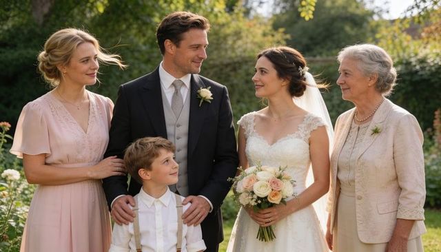 Bride and groom sharing warm smile with multigenerational family in garden wedding portrait