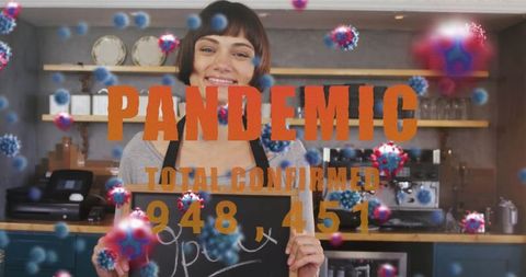 Chef Holding Open Sign Amid Pandemic Cell Graphics