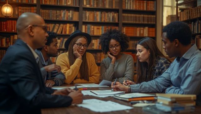 Diverse Library Study Group Collaborating Around Table