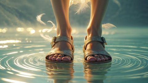 Barefoot tranquil moment in shallow water with leather sandals, echoing jesus imagery