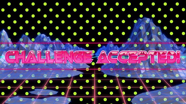 Vibrant futuristic design with 'Challenge Accepted' text, featuring neon mountains and a grid pattern background. Suitable for video game decals, competition banners, tech-themed presentations, or retro-style marketing materials. Offers a visually dynamic and bold aesthetic, perfect for conveying energy and enthusiasm in modern digital environments.