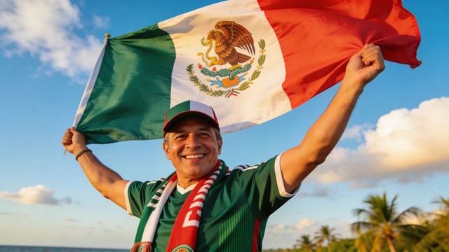 Smiling mexican soccer fan waving national flag on tropical beach celebrating victory