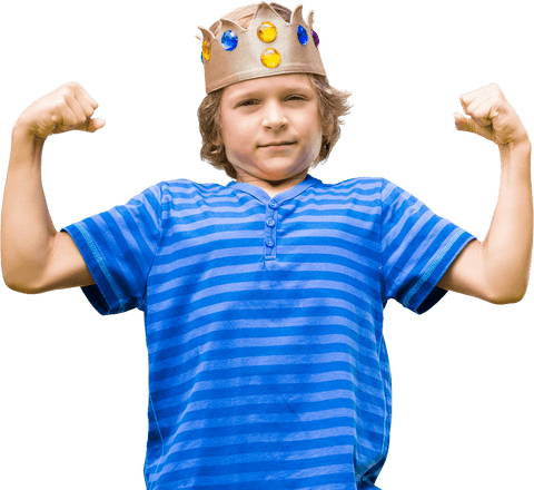 Confident Boy Wearing a Crown Flexing Muscles on Transparent Background