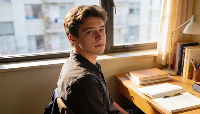 Young student studying at sunlit dorm desk looking back with thoughtful expression