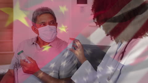 Doctor and Patient Discussing Medication with Flags Projection