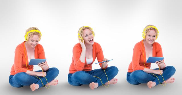 The image shows a cheerful woman sitting cross-legged, using a digital tablet and wearing yellow headphones. She is smiling and enjoying her time while listening to music. This image can be used for advertising technology products, digital music services, lifestyle and entertainment topics, or social media promotions. It conveys a message of relaxation, happiness, and digital connectivity.