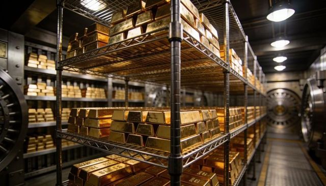 High-security vault storing stacked gold bars on metal shelving under industrial lighting