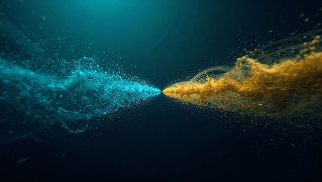 Converging Turquoise and Golden Particle Patterns in Space