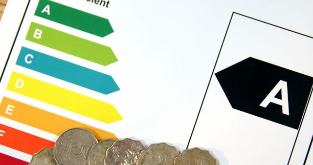 This image shows an energy efficiency rating chart, ranging from A to G, next to a stack of coins. It highlights financial savings achieved through energy-efficient choices, emphasizing cost reduction and positive environmental impact. Suitable for usage in articles about energy conservation, sustainable living practices, or financial tips focused on reducing energy costs.