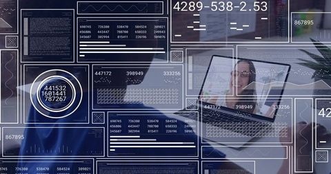 Remote collaboration laptop with analytics HUD overlay, video call and data dashboards