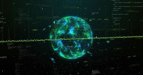 Luminous Data Globe Reacting to Bisecting Waveform with Polygonal Shards Neon Green Blue Cyber