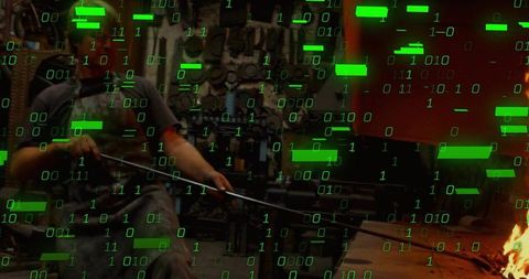 Blacksmith Crafting Amidst Digital Data Stream Fusion