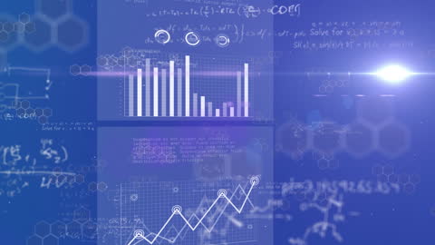 Digital Data Visualization with Mathematical Analysis on Blue Background