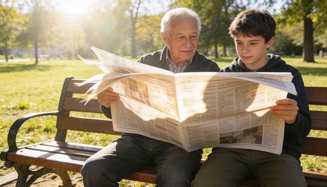 Grandfather and grandson reading newspaper on sunlit park bench, family bonding moment