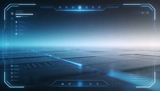 Futuristic holographic hud control dashboard on metallic circuit grid with neon blue glow