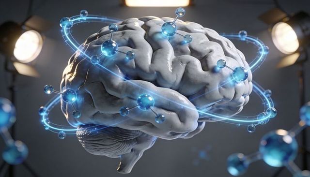 Floating brain with glowing neural nodes and orbiting molecules illustrating connectivity