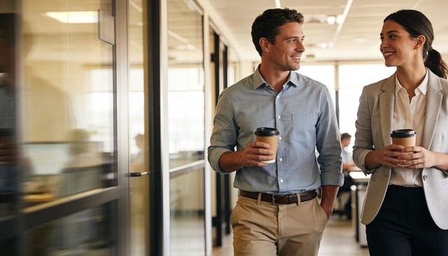 Walking coworkers holding coffee and chatting in modern glass office corridor