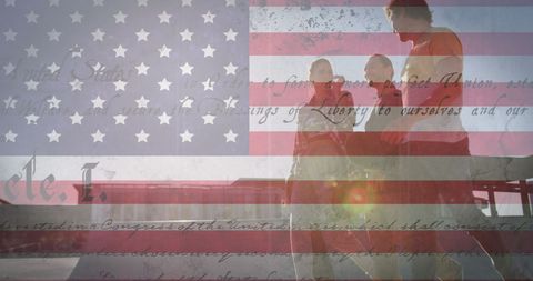 US Flag Overlay with Friends Enjoying Beach Outdoors