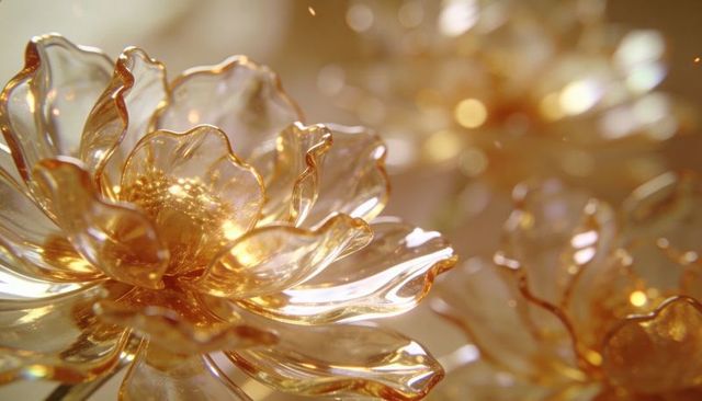 Gilded glass flower ornament gleaming with translucent golden petals and champagne bokeh