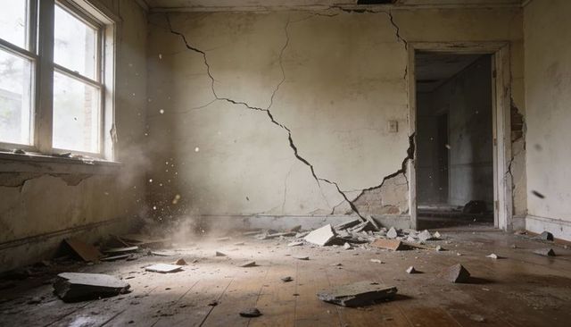 Derelict interior showing cracked plaster wall and falling rubble on wooden floor