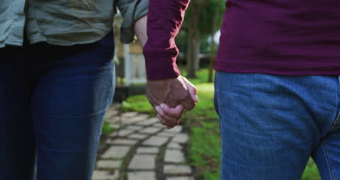 Senior Couple Holding Hands Walking in Garden