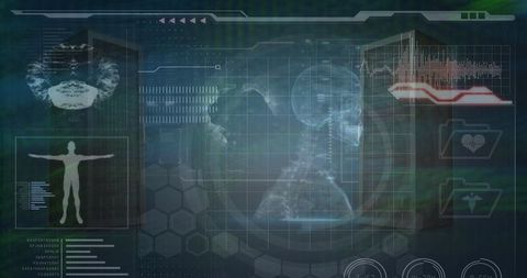 Human body model with medical data analysis grid background
