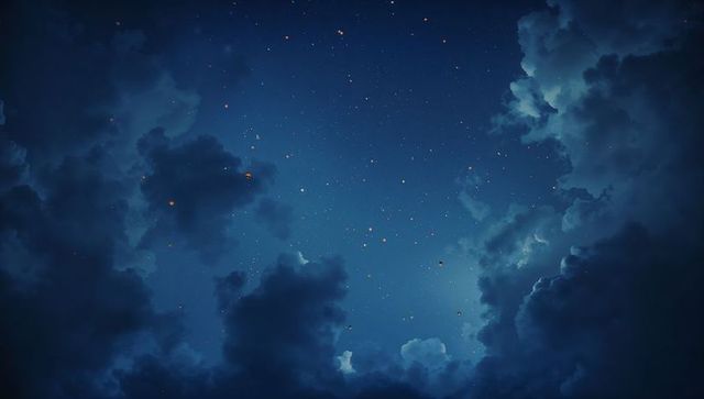 Starry Night Sky with Glowing Amber Lights and Dark Clouds