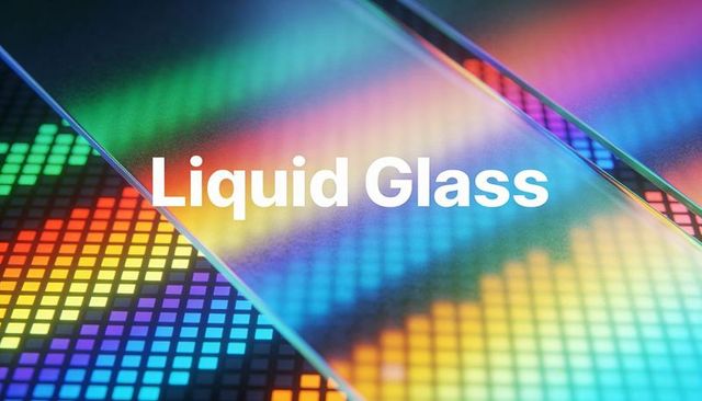 Iridescent liquid glass panels reflecting neon pixel grid with floating wordmark