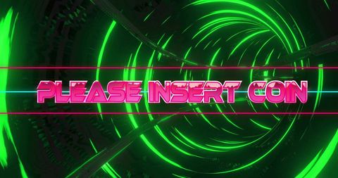 Retro Neon 'Please Insert Coin' Message in Futuristic Tunnel