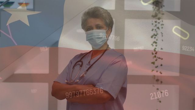 Senior female doctor wearing face mask with crossed arms. Chilean flag blended with numbers as double exposure concept portrays COVID-19 pandemic and healthcare in Chile. Useful for articles about healthcare professionals, pandemic response, or healthcare system in Chile.