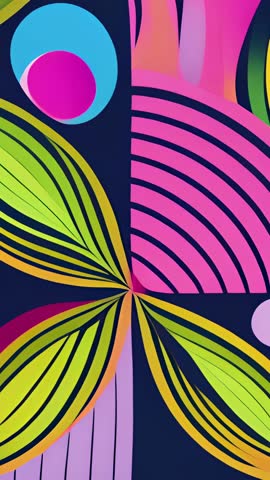 Looping vertical abstract animation showcasing pulsing pink dot, cyan ring and flowing leaves