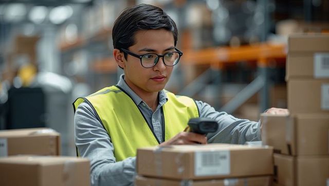 Logistics associate scanning shipments for accurate inventory tracking in fulfillment hub