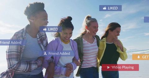 Diverse Friends Enjoying Beach with Social Media Overlay